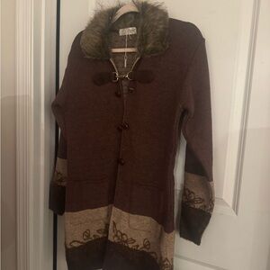 REX Fashion Brown and Tan Cardigan with Faux Fur Collar Size S